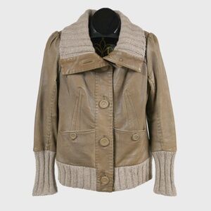 MACKAGE Tan Leather and Wool Ribbing Jacket Size M